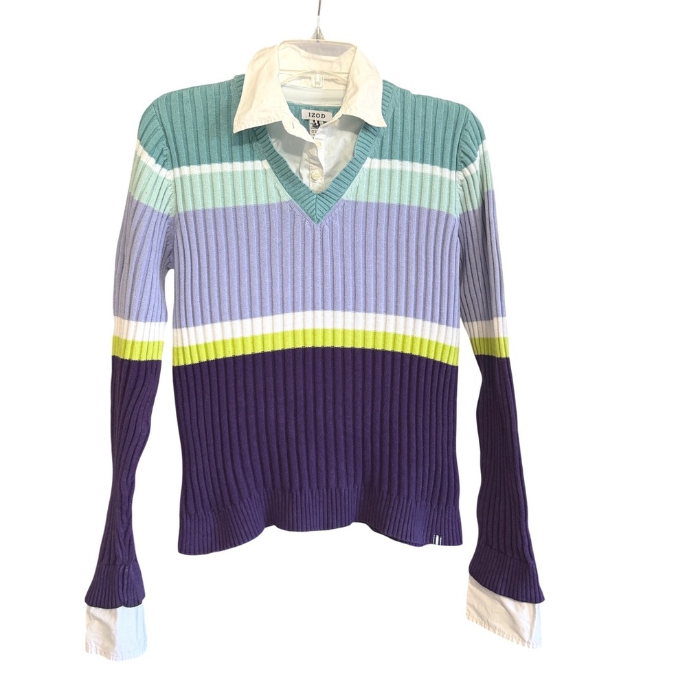 IZOD Womens Striped V-Neck Sweater Built-in Collar Purple Teal M Golf Pickleball